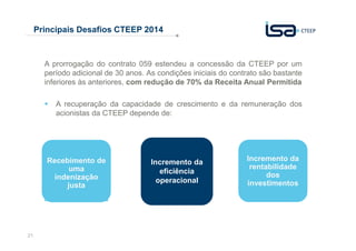 Principais Desafios CTEEP 2014

A prorrogação do contrato 059 estendeu a concessão da CTEEP por um
período adicional de 30 anos. As condições iniciais do contrato são bastante
inferiores às anteriores, com redução de 70% da Receita Anual Permitida
A recuperação da capacidade de crescimento e da remuneração dos
acionistas da CTEEP depende de:

Recebimento de
uma
indenização
justa

21

Incremento da
eficiência
operacional

Incremento da
rentabilidade
dos
investimentos

 