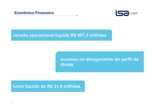 Econômico Financeiro

receita operacional líquida R$ 981,2 milhões

sucesso no alongamento do perfil da
dívida

lucro líquido de R$ 31,9 milhões

3

 