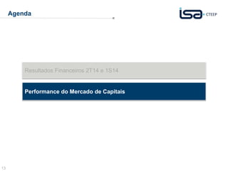 13 
Agenda 
Resultados Financeiros 2T14 e 1S14 
Performance do Mercado de Capitais 
 