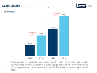 9 
118,4 
175,7 
47,4 
90,1 
2T13 2T14 1S13 1S14 
Lucro Líquido 
(R$ milhões) 
+90,1% 
+48,4% 
 Considerando a exclusão do efeito líquido, não recorrente, do crédito 
extemporâneo de PIS e COFINS, o lucro líquido seria de R$ 161,6 milhões no 
1S14, representando um crescimento de 36,4% sobre o mesmo período de 
2013. 
 