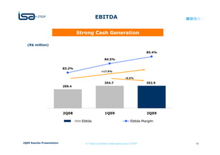 EBITDA

                                    Strong Cash Generation

   (R$ million)

                                                                                   85.4%   8

                                                      84.5%                                8

                            83.2%                                                          8
                                                   +17.9%
                                                                                           8
                                                                      -0.5%

                                                      354.7                        352.9   8
                            299.4
                                                                                           8

                                                                                           8




                            2Q08                      1Q09                         2Q09

                                     Ebitda                               Ebitda Margim




2Q09 Results Presentation              © Todos os direitos reservados para CTEEP               10
 