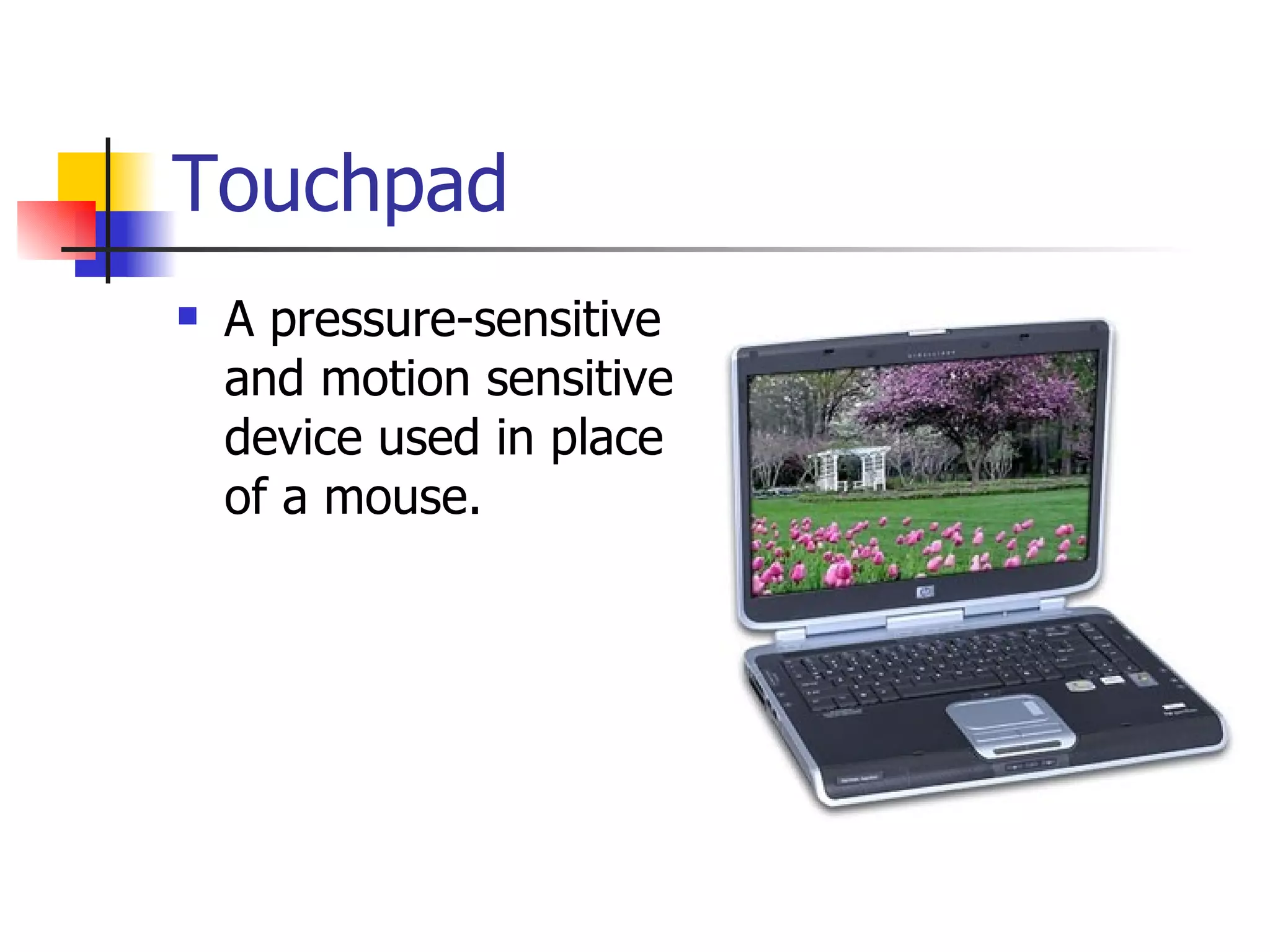 Touchpad A pressure-sensitive and motion sensitive device used in place of a mouse. 
