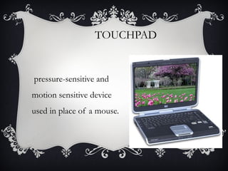 TOUCHPAD

pressure-sensitive and
motion sensitive device
used in place of a mouse.

 