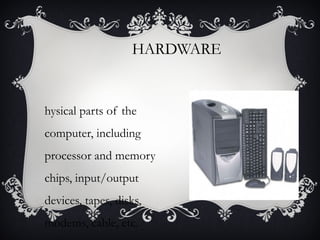 HARDWARE

hysical parts of the
computer, including
processor and memory
chips, input/output
devices, tapes, disks,
modems, cable, etc.

 