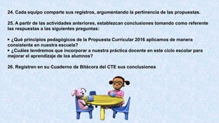 24. Cada equipo comparte sus registros, argumentando la pertinencia de las propuestas.
25. A partir de las actividades anteriores, establezcan conclusiones tomando como referente
las respuestas a las siguientes preguntas:
▶ ¿Qué principios pedagógicos de la Propuesta Curricular 2016 aplicamos de manera
consistente en nuestra escuela?
▶ ¿Cuáles tendremos que incorporar a nuestra práctica docente en este ciclo escolar para
mejorar el aprendizaje de los alumnos?
26. Registren en su Cuaderno de Bitácora del CTE sus conclusiones
 