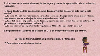 5. Con base en el reconocimiento de los logros y áreas de oportunidad de su colectivo,
respondan:
▶ ¿Hacia dónde tendrán que avanzar como Consejo Técnico Escolar en este nuevo ciclo
escolar?
▶ ¿Qué modificaciones requieren hacer en las formas de trabajo hasta ahora desarrolladas,
para mejorar los aprendizajes de los alumnos de su escuela?
▶ ¿Cuál deberá ser el papel de cada docente, agente educativo y del director en esta tarea?
¿A qué debe comprometerse cada uno?
▶ ¿Qué asesoría y acompañamiento requiere su CTE de la supervisión escolar?
6. Registren en el Cuaderno de Bitácora de CTE los compromisos a los que arriben.
La Ruta de Mejora Escolar. Su primer proceso, la Planeación
7. Den lectura a los siguientes textos.
 