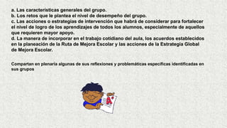 a. Las características generales del grupo.
b. Los retos que le plantea el nivel de desempeño del grupo.
c. Las acciones o estrategias de intervención que habrá de considerar para fortalecer
el nivel de logro de los aprendizajes de todos los alumnos, especialmente de aquellos
que requieren mayor apoyo.
d. La manera de incorporar en el trabajo cotidiano del aula, los acuerdos establecidos
en la planeación de la Ruta de Mejora Escolar y las acciones de la Estrategia Global
de Mejora Escolar.
Compartan en plenaria algunas de sus reflexiones y problemáticas específicas identificadas en
sus grupos
 