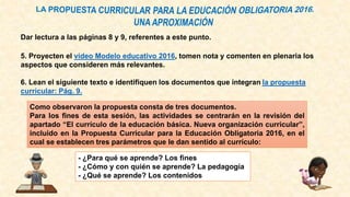 Dar lectura a las páginas 8 y 9, referentes a este punto.
5. Proyecten el video Modelo educativo 2016, tomen nota y comenten en plenaria los
aspectos que consideren más relevantes.
6. Lean el siguiente texto e identifiquen los documentos que integran la propuesta
curricular: Pág. 9.
Como observaron la propuesta consta de tres documentos.
Para los fines de esta sesión, las actividades se centrarán en la revisión del
apartado “El currículo de la educación básica. Nueva organización curricular”,
incluido en la Propuesta Curricular para la Educación Obligatoria 2016, en el
cual se establecen tres parámetros que le dan sentido al currículo:
- ¿Para qué se aprende? Los fines
- ¿Cómo y con quién se aprende? La pedagogía
- ¿Qué se aprende? Los contenidos
 
