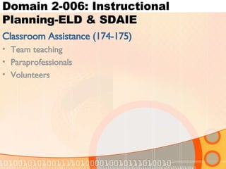Domain 2-006: Instructional Planning-ELD & SDAIE Classroom Assistance (174-175) Team teaching Paraprofessionals Volunteers 
