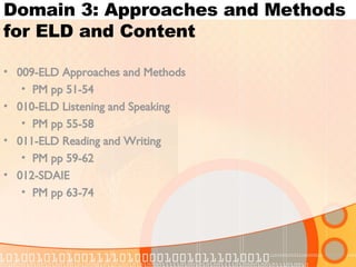 Domain 3: Approaches and Methods for ELD and Content 009-ELD Approaches and Methods PM pp 51-54 010-ELD Listening and Speaking PM pp 55-58 011-ELD Reading and Writing PM pp 59-62 012-SDAIE PM pp 63-74 
