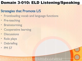 Domain 3-010: ELD Listening/Speaking Strategies that Promote L/S Frontloading vocab and language functions Pre-teaching Brainstorming  Cooperative learning Discussions Role plays Debriefing  PM 57 