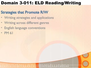 Domain 3-011: ELD Reading/Writing Strategies that Promote R/W Writing strategies and applications Writing across different genres English language conventions PM 61 