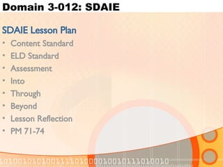 Domain 3-012: SDAIE SDAIE Lesson Plan Content Standard ELD Standard Assessment Into Through Beyond Lesson Reflection PM 71-74 