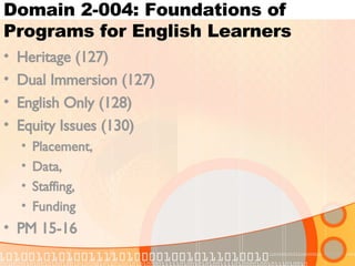Domain 2-004: Foundations of Programs for English Learners Heritage (127) Dual Immersion (127) English Only (128) Equity Issues (130) Placement,  Data,  Staffing,  Funding PM 15-16 