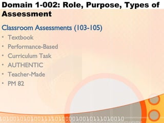 Domain 1-002: Role, Purpose, Types of Assessment Classroom Assessments (103-105) Textbook Performance-Based Curriculum Task AUTHENTIC Teacher-Made PM 82 