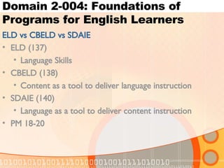 Domain 2-004: Foundations of Programs for English Learners ELD vs CBELD vs SDAIE ELD (137) Language Skills CBELD (138) Content as a tool to deliver language instruction SDAIE (140) Language as a tool to deliver content instruction PM 18-20 