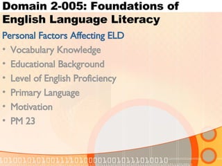 Domain 2-005: Foundations of English Language Literacy Personal Factors Affecting ELD Vocabulary Knowledge Educational Background Level of English Proficiency Primary Language Motivation PM 23 