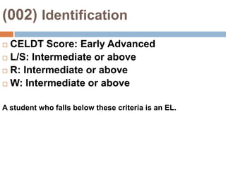 (002)Redesignation/ReclassificationPossible Criteria:Teacher evaluation of language proficiency and curriculum masteryCELDT scoreParental consultationObjective data from standardized testsetc.
