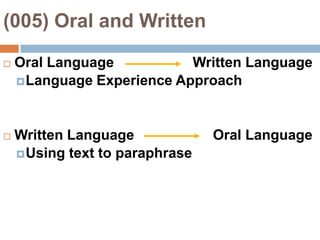 (005) Oral and WrittenOral Language                    Written LanguageLanguage Experience ApproachWritten Language                    Oral LanguageUsing text to paraphrase