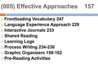 (005) Effective Approaches    157Frontloading Vocabulary 247Language Experience Approach 229Interactive Journals 233Shared ReadingLearning LogsProcess Writing 234-236Graphic Organizers 158-162Pre-Reading Activities