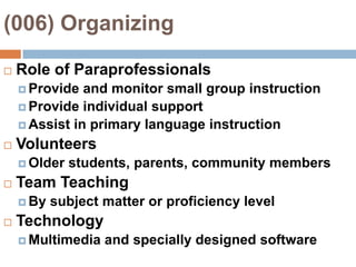 (006) Organizing Role of ParaprofessionalsProvide and monitor small group instructionProvide individual supportAssist in primary language instructionVolunteersOlder students, parents, community membersTeam TeachingBy subject matter or proficiency levelTechnologyMultimedia and specially designed software