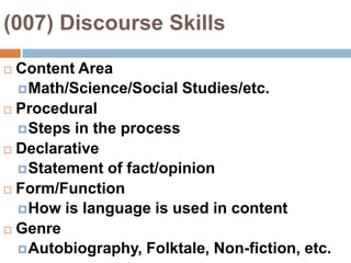 (007) Discourse SkillsContent AreaMath/Science/Social Studies/etc.ProceduralSteps in the processDeclarativeStatement of fact/opinionForm/FunctionHow is language is used in contentGenreAutobiography, Folktale, Non-fiction, etc.