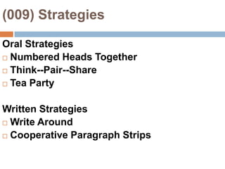 (009) StrategiesOral StrategiesNumbered Heads TogetherThink--Pair--ShareTea PartyWritten StrategiesWrite AroundCooperative Paragraph Strips