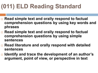 (011) ELD Reading StandardRead simple text and orally respond to factual comprehension questions by using key words and phrasesRead simple text and orally respond to factual comprehension questions by using simple sentencesRead literature and orally respond with detailed sentencesIdentify and trace the development of an author’s argument, point of view, or perspective in text
