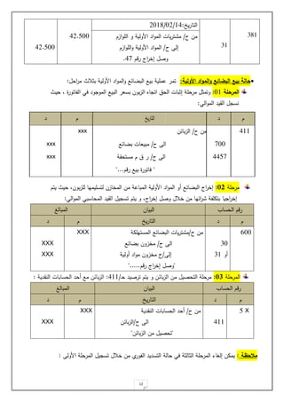 12
121
11
‫ي‬‫ر‬‫التا‬
:
2018/02/14
3..400
3..400
‫مل‬
‫ح‬
/
‫از‬‫و‬‫الة‬ ‫و‬ ‫ولية‬ ‫ا‬ ‫اد‬‫و‬‫الم‬ ‫يات‬‫ر‬‫ت‬ ‫م‬
‫ح‬ ‫لل‬
/
‫ا‬
‫از‬‫و‬‫الة‬‫و‬ ‫ولية‬ ‫ا‬ ‫اد‬‫و‬‫لم‬
‫را‬ ‫اج‬
‫ر‬‫لخ‬ ‫وص‬
31
.

‫األولية‬ ‫اد‬‫و‬‫الم‬‫و‬ ‫البضائع‬ ‫بيع‬ ‫حالة‬
:
‫اح‬
‫ر‬‫م‬ ‫بية‬ ‫ولية‬ ‫ا‬ ‫اد‬‫و‬‫الم‬‫و‬ ‫ائع‬ ‫الب‬ ‫بيع‬ ‫حمةية‬ ‫تمر‬
:
‫المرح‬
‫ل‬
‫ة‬
:01
‫مرح‬ ‫وتمي‬
‫ة‬
‫اتور‬ ‫ال‬ ‫يت‬ ‫ود‬ ‫المو‬ ‫البيع‬ ‫بسلر‬ ‫بول‬‫ز‬‫ال‬ ‫اا‬ ‫ات‬ ‫الح‬ ‫ليبات‬ ‫ة‬
‫حي‬
‫نس‬
‫الت‬‫و‬‫الم‬ ‫القيد‬
:
‫مرحةة‬
02
:
‫يت‬ ‫حي‬ ‫بول‬‫ز‬‫لة‬ ‫لتسةيميا‬ ‫المخازل‬ ‫مل‬ ‫المباحة‬ ‫ولية‬ ‫ا‬ ‫اد‬‫و‬‫الم‬ ‫ةو‬ ‫ائع‬ ‫الب‬ ‫اج‬
‫ر‬‫لخ‬
‫يا‬ ‫ا‬
‫ر‬‫لخ‬
‫اج‬
‫ر‬‫لخ‬ ‫وص‬ ‫خة‬ ‫مل‬ ‫ائيا‬
‫ر‬ ‫ة‬ ‫بتمة‬
‫يت‬ ‫و‬
‫ي‬ ‫تس‬
‫الت‬‫و‬‫الم‬ ‫المحاسبت‬ ‫القيد‬
:
‫الحسا‬ ‫را‬
‫البيال‬
‫المبالغ‬
‫د‬
‫ي‬‫ر‬‫التا‬
‫د‬
600
30
‫ةو‬
31
‫ح‬ ‫مل‬
/
‫المستيةمة‬ ‫ائع‬ ‫الب‬ ‫يات‬‫ر‬‫ت‬ ‫م‬
‫ح‬ ‫ال‬
/
‫ائع‬ ‫ب‬ ‫مخزول‬
‫لل‬
/
‫ةولية‬ ‫اد‬‫و‬‫م‬ ‫مخزول‬ ‫ح‬
"
‫را‬ ‫اج‬
‫ر‬‫لخ‬ ‫وص‬
".....
XXX
XXX
XXX
‫المرحةة‬
03
:
‫تر‬ ‫يت‬ ‫و‬ ‫بائل‬‫ز‬‫ال‬ ‫مل‬ ‫التحصي‬ ‫مرحةة‬
‫و‬‫ح‬ ‫صيد‬
:411/
‫النقدية‬ ‫الحسابات‬ ‫ةحد‬ ‫مع‬ ‫بائل‬‫ز‬‫ال‬
:
‫الحسا‬ ‫را‬
‫البيال‬
‫المبالغ‬
‫د‬
‫ي‬‫ر‬‫التا‬
‫د‬
X
4
311
‫ح‬ ‫مل‬
/
‫النقدية‬ ‫الحسابات‬ ‫ةحد‬
‫ح‬ ‫ال‬
/
‫بائل‬‫ز‬‫ال‬
"
‫بائل‬‫ز‬‫ال‬ ‫مل‬ ‫تحصي‬
"
XXX
XXX
‫مالحظة‬
:
‫خة‬ ‫مل‬ ‫ي‬
‫ور‬ ‫ال‬ ‫التسديد‬ ‫حالة‬ ‫يت‬ ‫اليالية‬ ‫المرحةة‬ ‫اء‬ ‫لل‬ ‫يممل‬
‫ول‬ ‫ا‬ ‫المرحةة‬ ‫ي‬ ‫تس‬
:
‫د‬
‫ي‬‫ر‬‫التا‬
‫د‬
411
700
‫ح‬ ‫مل‬
/
‫بائل‬‫ز‬‫ال‬
‫ح‬ ‫ال‬
/
‫ائع‬ ‫ب‬ ‫مبيلات‬
xxx
xxx
4457
‫ح‬ ‫ال‬
/
‫مستحقة‬ ‫ر‬
xxx
"
‫را‬ ‫بيع‬ ‫ياتور‬
"...
 