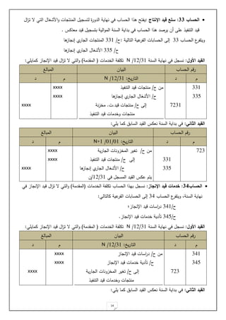 14

‫الحساب‬
11
:
‫اإلنتاج‬ ‫قيد‬ ‫سلع‬
:
‫ي‬
‫ا‬
‫ز‬‫ت‬ ‫ص‬ ‫التت‬ ‫ا‬ ‫ا‬‫و‬ ‫ات‬ ‫المنت‬ ‫ي‬ ‫لتس‬ ‫الدور‬ ‫نياية‬ ‫يت‬ ‫الحسا‬ ‫ا‬ ‫ه‬ ‫ت‬
‫ملامع‬ ‫ايد‬ ‫ي‬ ‫بتس‬ ‫الية‬‫و‬‫الم‬ ‫السنة‬ ‫بداية‬ ‫يت‬ ‫الحسا‬ ‫ا‬ ‫ه‬ ‫يرصد‬ ‫ةل‬ ‫حة‬ ‫ي‬ ‫التن‬ ‫ايد‬
.
‫الحسا‬ ‫ع‬
‫ر‬ ‫ويت‬
11
‫الحسا‬ ‫لل‬
‫التالية‬ ‫حية‬
‫ر‬ ‫ال‬ ‫بات‬
:
‫ح‬
/
111
‫ها‬
‫از‬ ‫لن‬ ‫ي‬
‫ار‬ ‫ال‬ ‫ات‬ ‫المنت‬
‫ح‬
/
114
‫ا‬
‫ها‬
‫از‬ ‫لن‬ ‫ي‬
‫ار‬ ‫ال‬ ‫ا‬
‫األول‬ ‫القيد‬
:
‫السنة‬ ‫نياية‬ ‫يت‬ ‫نس‬
11
/
1.
/
N
‫الخدمات‬ ‫ة‬ ‫تمة‬
(
‫المقدمة‬
)
‫از‬ ‫اإلن‬ ‫ايد‬ ‫ا‬
‫ز‬‫ت‬ ‫ص‬ ‫التت‬‫و‬
‫ممايةت‬
:
‫الحسا‬ ‫را‬
‫البيال‬
‫ا‬
‫لمبالغ‬
‫د‬
‫ي‬‫ر‬‫التا‬
:
11
/
1.
/
N
‫د‬
111
114
1.11
‫ح‬ ‫مل‬
/
‫ي‬ ‫التن‬ ‫ايد‬ ‫ات‬ ‫منت‬
‫ح‬
/
‫ا‬
‫ها‬
‫از‬ ‫لن‬ ‫ي‬
‫ار‬ ‫ال‬ ‫ا‬
‫ح‬ ‫لل‬
/
‫ايد‬ ‫ات‬ ‫منت‬
.
‫ت‬
.
‫نة‬‫ز‬‫مخ‬
‫ي‬ ‫التن‬ ‫ايد‬ ‫وخدمات‬ ‫ات‬ ‫منت‬
xxxx
xxxx
xxxx
‫الثاني‬ ‫القيد‬
:
‫مم‬ ‫الساب‬ ‫القيد‬ ‫نلمع‬ ‫السنة‬ ‫بداية‬ ‫يت‬
‫يةت‬ ‫ا‬
:
‫الحسا‬ ‫را‬
‫البيال‬
‫المبالغ‬
‫د‬
‫ي‬‫ر‬‫التا‬
:
01
/
01
/
N+1
‫د‬
1.1
111
114
‫ح‬ ‫مل‬
/
‫ية‬‫ر‬‫ا‬ ‫ال‬ ‫المخزونات‬ ‫ير‬ ‫ت‬
‫ح‬ ‫لل‬
/
‫ي‬ ‫التن‬ ‫ايد‬ ‫ات‬ ‫منت‬
‫ح‬
/
‫ا‬
‫ها‬
‫از‬ ‫لن‬ ‫ي‬
‫ار‬ ‫ال‬ ‫ا‬
‫يت‬ ‫المس‬ ‫القيد‬ ‫حمع‬ ‫يت‬
11
/
1.
/
‫ل‬
xxxx
xxxx
xxxx

‫الحساب‬
13
:
‫خدمات‬
‫قيد‬
‫اإلنجاز‬
:
‫ب‬ ‫نس‬
‫الحسا‬ ‫ا‬ ‫ي‬
‫الخدمات‬ ‫ة‬ ‫تمة‬
(
‫المقدمة‬
)
‫التت‬‫و‬
‫ا‬
‫ز‬‫ت‬ ‫ص‬
‫يت‬ ‫از‬ ‫اإلن‬ ‫ايد‬
‫السنة‬ ‫نياية‬
‫الحسا‬ ‫ع‬
‫ر‬ ‫ويت‬
13
‫لل‬
‫ال‬
‫مالتالت‬ ‫حية‬
‫ر‬ ‫ال‬ ‫حسابات‬
:
‫ح‬
/
131
‫از‬ ‫اإلن‬ ‫ايد‬ ‫اسات‬
‫ر‬‫د‬
‫؛‬
‫ح‬
/
134
‫تأدية‬
‫از‬ ‫اإلن‬ ‫ايد‬ ‫خدمات‬
.
‫األول‬ ‫القيد‬
:
‫نياية‬ ‫يت‬ ‫نس‬
‫السنة‬
11
/
1.
/
N
‫الخدمات‬ ‫ة‬ ‫تمة‬
(
‫المقدمة‬
)
‫از‬ ‫اإلن‬ ‫ايد‬ ‫ا‬
‫ز‬‫ت‬ ‫ص‬ ‫التت‬‫و‬
‫ممايةت‬
:
‫الحسا‬ ‫را‬
‫البيال‬
‫المبالغ‬
‫د‬
‫ي‬‫ر‬‫التا‬
:
11
/
1.
/
N
‫د‬
131
134
1.1
‫ح‬ ‫مل‬
/
‫از‬ ‫اإلن‬ ‫ايد‬ ‫اسات‬
‫ر‬‫د‬
‫ح‬
/
‫تأدية‬
‫از‬ ‫اإلن‬ ‫ايد‬ ‫خدمات‬
‫ح‬ ‫لل‬
/
‫ية‬‫ر‬‫ا‬ ‫ال‬ ‫المخزونات‬ ‫ير‬ ‫ت‬
‫ي‬ ‫التن‬ ‫ايد‬ ‫وخدمات‬ ‫ات‬ ‫منت‬
xxxx
xxxx
xxxx
‫الثاني‬ ‫القيد‬
:
‫يةت‬ ‫مما‬ ‫الساب‬ ‫القيد‬ ‫نلمع‬ ‫السنة‬ ‫بداية‬ ‫يت‬
:
 