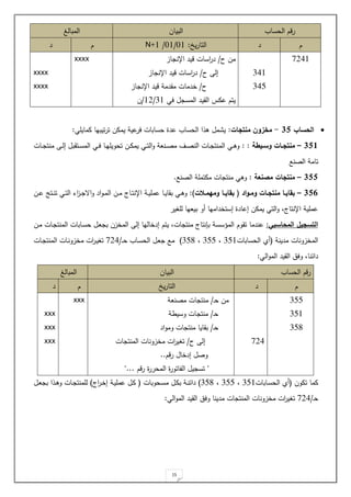 15
‫الحسا‬ ‫را‬
‫البيال‬
‫المبالغ‬
‫د‬
‫ي‬‫ر‬‫التا‬
:
01
/
01
/
N+1
‫د‬
1.31
131
134
‫ح‬ ‫مل‬
/
‫از‬ ‫اإلن‬ ‫ايد‬ ‫اسات‬
‫ر‬‫د‬
‫ح‬ ‫لل‬
/
‫از‬ ‫اإلن‬ ‫ايد‬ ‫اسات‬
‫ر‬‫د‬
‫ح‬
/
‫خ‬
‫از‬ ‫اإلن‬ ‫ايد‬ ‫مقدمة‬ ‫دمات‬
‫يت‬ ‫المس‬ ‫القيد‬ ‫حمع‬ ‫يت‬
11
/
1.
/
‫ل‬
xxxx
xxxx
xxxx

‫الحساب‬
13
-
‫منتجات‬ ‫مخزون‬
:
‫ممايةت‬ ‫تيبيا‬‫ر‬‫ت‬ ‫يممل‬ ‫حية‬
‫ير‬ ‫حسابات‬ ‫حد‬ ‫الحسا‬ ‫ا‬ ‫ه‬ ‫م‬ ‫ي‬
:
133
–
‫ايطة‬‫ا‬‫وس‬ ‫اات‬‫ا‬‫منتج‬
:
:
‫وات‬‫و‬ ‫منت‬ ‫و‬‫و‬‫ل‬‫ل‬ ‫وتقب‬‫و‬‫س‬‫الم‬ ‫وت‬‫و‬‫ي‬ ‫وا‬‫و‬‫ي‬‫تحوية‬ ‫ول‬‫و‬‫م‬‫يم‬ ‫وت‬‫و‬‫ت‬‫ال‬‫و‬ ‫ونلة‬‫و‬‫ص‬‫م‬ ‫وف‬‫و‬‫ص‬‫الن‬ ‫وات‬‫و‬ ‫المنت‬ ‫وت‬‫و‬‫ه‬‫و‬
‫الصنع‬ ‫تامة‬
133
–
‫مصنعة‬ ‫منتجات‬
:
‫الصنع‬ ‫ممتمةة‬ ‫ات‬ ‫منت‬ ‫وهت‬
.
133
–
‫اد‬‫و‬‫ا‬‫ا‬‫وم‬ ‫اات‬‫ا‬‫منتج‬ ‫اا‬‫ا‬‫بقاي‬
(
‫االت‬‫ا‬‫ومالم‬ ‫اا‬‫ا‬‫بقاي‬
:)
‫اء‬
‫ز‬‫و‬‫و‬ ‫اص‬‫و‬ ‫اد‬‫و‬‫و‬‫و‬‫م‬‫ال‬ ‫ول‬‫و‬‫م‬ ‫واج‬‫و‬‫ت‬‫اإلن‬ ‫وة‬‫و‬‫ي‬‫حمة‬ ‫وا‬‫و‬‫ي‬‫بقا‬ ‫وت‬‫و‬‫ه‬‫و‬
‫ول‬‫و‬‫ح‬ ‫وتج‬‫و‬‫ن‬‫ت‬ ‫وت‬‫و‬‫ت‬‫ال‬
‫ير‬ ‫لة‬ ‫بيليا‬ ‫ةو‬ ‫لستخداميا‬ ‫لحاد‬ ‫يممل‬ ‫التت‬‫و‬ ‫اإلنتاج‬ ‫حمةية‬
‫ا‬
‫لتسجيل‬
‫المحاسبي‬
:
‫يت‬ ‫ات‬ ‫منت‬ ‫نتاج‬ ‫ب‬ ‫المسسسة‬ ‫تقو‬ ‫حندما‬
‫ول‬‫م‬ ‫وات‬ ‫المنت‬ ‫وابات‬‫س‬‫ح‬ ‫و‬‫ل‬ ‫ب‬ ‫المخزل‬ ‫لل‬ ‫لدخاليا‬
‫مدينة‬ ‫المخزونات‬
(
‫الحسابات‬ ‫ةي‬
141
144
142
)
‫وا‬‫س‬‫الح‬ ‫و‬‫ل‬ ‫مع‬
‫و‬‫و‬‫ح‬
/
1.3
‫وات‬ ‫المنت‬ ‫وات‬‫ن‬‫مخزو‬ ‫ات‬
‫ر‬‫و‬‫ي‬ ‫ت‬
‫دائنا‬
‫الت‬‫و‬‫الم‬ ‫القيد‬ ‫وي‬
:
‫الحسا‬ ‫را‬
‫البيال‬
‫المبالغ‬
‫د‬
‫ي‬‫ر‬‫التا‬
‫د‬
144
141
142
1.3
‫مل‬
‫و‬‫ح‬
/
‫مصنلة‬ ‫ات‬ ‫منت‬
‫و‬‫ح‬
/
‫من‬
‫ة‬ ‫وسي‬ ‫ات‬ ‫ت‬
‫و‬‫ح‬
/
‫اد‬‫و‬‫وم‬ ‫ات‬ ‫منت‬ ‫بقايا‬
‫ح‬ ‫لل‬
/
‫ات‬ ‫المنت‬ ‫مخزونات‬ ‫ات‬
‫ر‬‫ي‬ ‫ت‬
‫را‬ ‫لدخا‬ ‫وص‬
..
"
‫را‬ ‫المحرر‬ ‫اتور‬ ‫ال‬ ‫ي‬ ‫تس‬
"...
xxx
xxx
xxx
xxx
‫تمول‬ ‫مما‬
(
‫وابات‬‫س‬‫الح‬ ‫ةي‬
141
144
142
)
‫وحوبات‬‫س‬‫م‬ ‫و‬‫م‬‫ب‬ ‫وة‬‫ن‬‫دائ‬
(
‫اج‬
‫ر‬‫و‬‫خ‬‫ل‬ ‫وة‬‫ي‬‫حمة‬ ‫و‬‫م‬
)
‫و‬‫ل‬ ‫ب‬ ‫ا‬ ‫و‬‫ه‬‫و‬ ‫وات‬ ‫لةمنت‬
‫و‬‫ح‬
/
1.3
‫ات‬ ‫المنت‬ ‫مخزونات‬ ‫ات‬
‫ر‬‫ي‬ ‫ت‬
‫مدينا‬
‫الت‬‫و‬‫الم‬ ‫القيد‬ ‫وي‬
:
 
