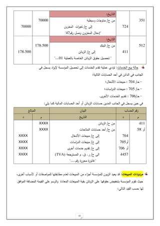 19
141
1.3
‫ي‬‫ر‬‫التا‬
:
70000
70000
‫ح‬ ‫مل‬
/
‫ية‬ ‫وسي‬ ‫ات‬ ‫منتو‬
‫ح‬ ‫لل‬
/
‫المخزول‬ ‫ات‬
‫ر‬‫ي‬ ‫ت‬
"
‫المخزول‬ ‫لدخا‬
‫را‬ ‫وص‬
31
"
41.
311
‫ي‬‫ر‬‫التا‬
:
178.500
178.500
‫ح‬ ‫مل‬
/
‫البنك‬
‫ح‬ ‫لل‬
/
‫بائل‬‫ز‬‫ال‬
"
‫باللمةية‬ ‫الخاصة‬ ‫بائل‬‫ز‬‫ال‬ ‫حقو‬ ‫تحصي‬
01
"...
‫الخدمات‬ ‫بيع‬ ‫حالة‬
:
‫يت‬ ‫يس‬ ‫اد‬
‫ر‬‫إلي‬ ‫المسسسة‬ ‫تحصي‬ ‫لل‬ ‫الخدمات‬ ‫تقد‬ ‫حمةية‬ ‫تسدي‬
‫التالية‬ ‫الحسابات‬ ‫ةحد‬ ‫يت‬ ‫الدائل‬ ‫يت‬ ‫ان‬ ‫ال‬
:
-
‫و‬‫ح‬
: 704 /
‫مبيلا‬
‫ا‬ ‫ا‬ ‫ت‬
‫؛‬
-
‫و‬‫ح‬
: 705 /
‫اسات‬
‫ر‬‫الد‬ ‫مبيلات‬
‫؛‬
-
‫و‬‫ح‬
: 706/
‫ى‬
‫خر‬ ‫ا‬ ‫الخدمات‬ ‫تقدي‬
.
‫يةت‬ ‫مما‬ ‫المالية‬ ‫الحسابات‬ ‫ةحد‬ ‫ةو‬ ‫بائل‬‫ز‬‫ال‬ ‫حسابات‬ ‫المديل‬ ‫ان‬ ‫ال‬ ‫يت‬ ‫يس‬ ‫حيل‬ ‫يت‬
:
‫الحسا‬ ‫را‬
‫البيال‬
‫المبالغ‬
‫د‬
‫ي‬‫ر‬‫التا‬
‫د‬
411
‫ةو‬
5X
704
‫ةو‬
104
‫ةو‬
102
3341
‫ح‬ ‫مل‬
/
‫بائل‬‫ز‬‫ال‬
‫ح‬ ‫مل‬
/
‫ة‬
‫حسابات‬ ‫حد‬
‫المتاحات‬
‫ح‬ ‫لل‬
/
‫ا‬ ‫ا‬ ‫مبيلات‬
‫ح‬ ‫لل‬
/
‫اسات‬
‫ر‬‫الد‬ ‫مبيلات‬
‫ح‬ ‫لل‬
/
‫ى‬
‫ةخر‬ ‫خدمات‬ ‫تقدي‬
‫ح‬ ‫ال‬
/
‫ر‬
.
.
‫لة‬ ‫المستر‬
(
TVA
)
"
‫را‬ ‫محرر‬ ‫ياتور‬
"....
XXXX
XXXX
XXXX
XXXX
XXXX
XXXX
‫المبيعات‬ ‫مردودات‬
:
‫لةم‬ ‫بول‬‫ز‬‫ال‬ ‫يليد‬ ‫اد‬
‫ى‬
‫ةخر‬ ‫سبا‬ ‫ةو‬ ‫ات‬ ‫اص‬‫و‬‫لةم‬ ‫ابقتيا‬ ‫م‬ ‫للد‬ ‫المبيلات‬ ‫مل‬ ‫اء‬
‫ز‬ ‫ة‬ ‫سسسة‬
‫اي‬‫و‬‫الم‬ ‫اية‬ ‫الم‬ ‫القيمة‬ ‫حة‬ ‫الرس‬‫و‬ ‫الملاد‬ ‫المبيلات‬ ‫بقية‬ ‫بائل‬‫ز‬‫ال‬ ‫حة‬ ‫حقوايا‬ ‫يض‬ ‫بتخ‬ ‫المسسسة‬ ‫تقو‬ ‫حي‬
‫التالت‬ ‫القيد‬ ‫حس‬ ‫ليا‬
:
 
