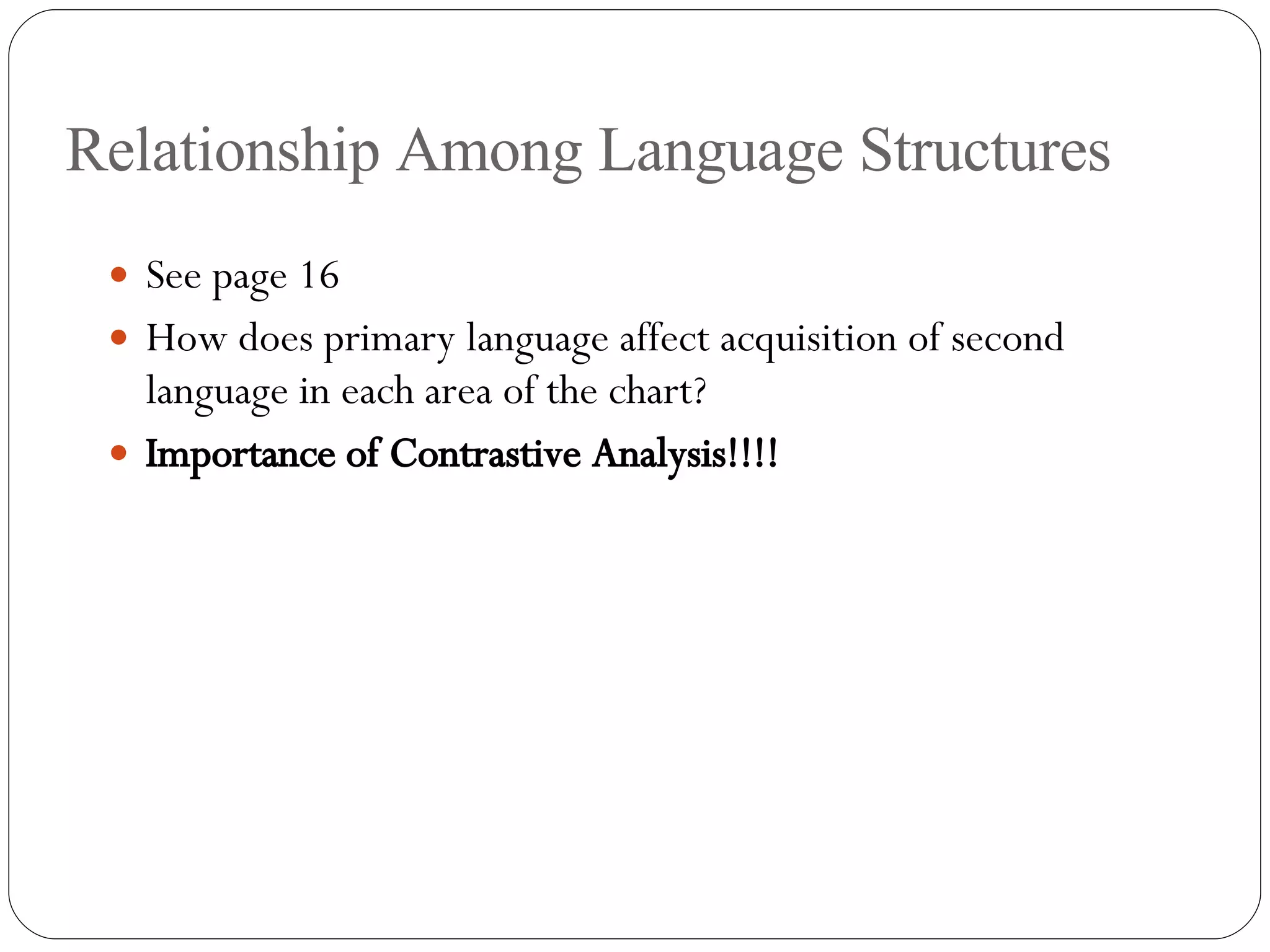Relationship Among Language Structures  See page 16 How does primary language affect acquisition of second language in each area of the chart? Importance of Contrastive Analysis!!!! 