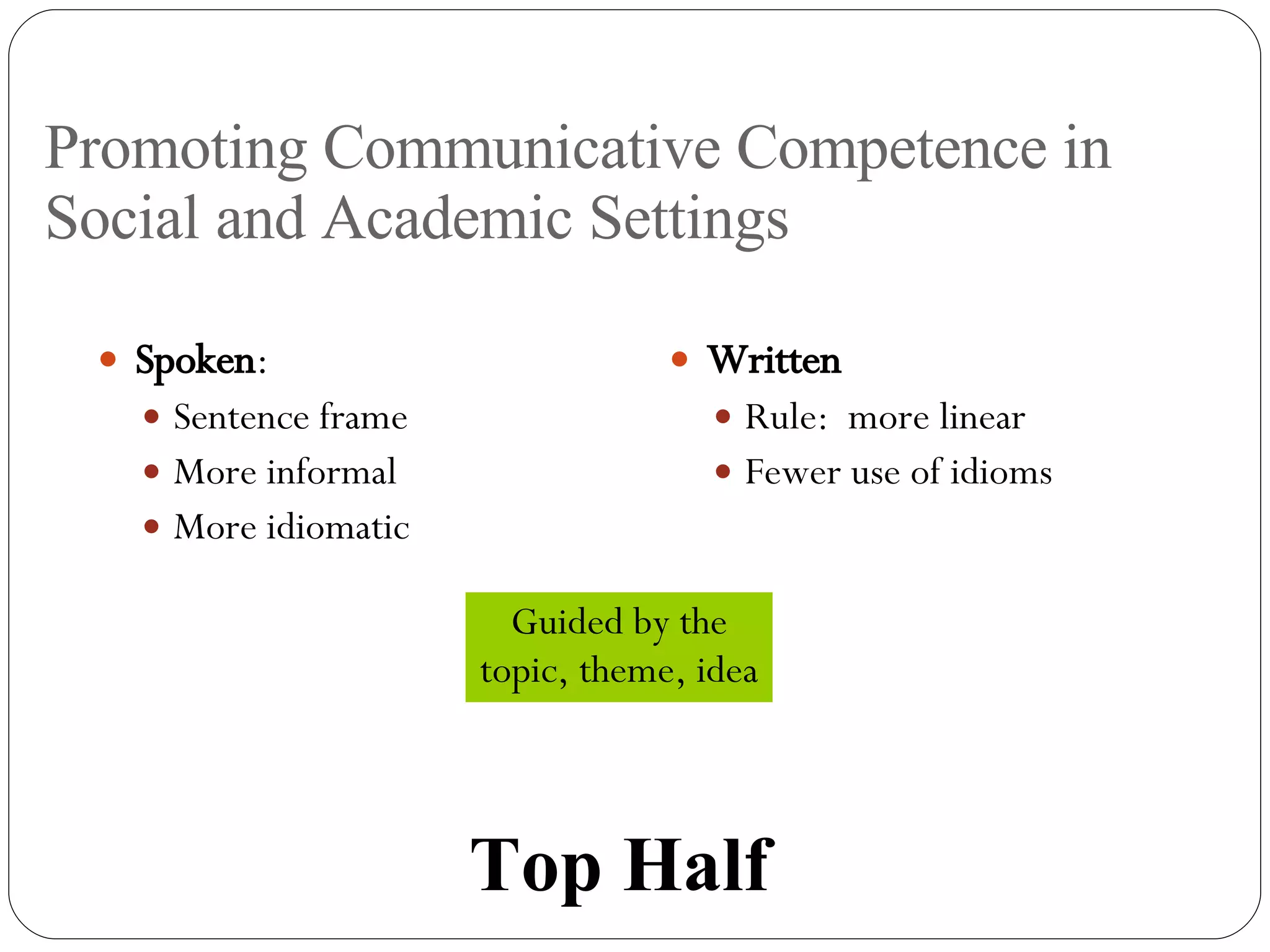 Promoting Communicative Competence in Social and Academic Settings Spoken : Sentence frame More informal More idiomatic Written Rule:  more linear Fewer use of idioms Guided by the topic, theme, idea Top Half 