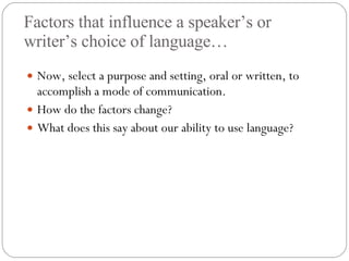 Factors that influence a speaker’s or writer’s choice of language… Now, select a purpose and setting, oral or written, to accomplish a mode of communication.  How do the factors change? What does this say about our ability to use language? 