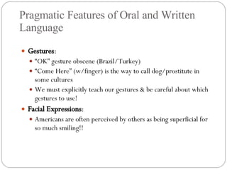 Pragmatic Features of Oral and Written Language Gestures : “ OK” gesture obscene (Brazil/Turkey) “ Come Here” (w/finger) is the way to call dog/prostitute in some cultures We must explicitly teach our gestures & be careful about which gestures to use! Facial Expressions :  Americans are often perceived by others as being superficial for so much smiling!! 