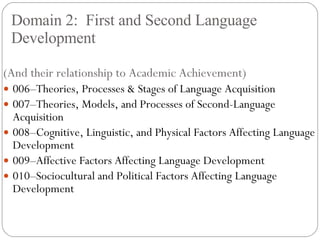 Domain 2:  First and Second Language Development (And their relationship to Academic Achievement) 006–Theories, Processes & Stages of Language Acquisition 007–Theories, Models, and Processes of Second-Language Acquisition 008–Cognitive, Linguistic, and Physical Factors Affecting Language Development 009–Affective Factors Affecting Language Development 010–Sociocultural and Political Factors Affecting Language Development 