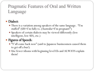 Pragmatic Features of Oral and Written Language Dialect : There is a variation among speakers of the same language.  “I’m stuffed” (US=I’m full) vs. (Australia=I’m pregnant!”) Speakers of certain dialects may be viewed differently (less intelligent, low SES, etc.) Figures of Speech :  “ Y’all come back now” (said to Japanese businessmen caused them to get off a bus!) Use fewer idioms with beginning level Els and ALWAYS explain them! 