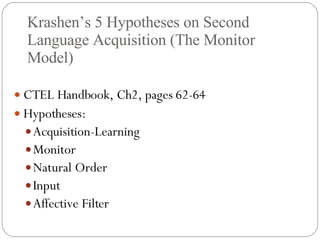 Krashen’s 5 Hypotheses on Second Language Acquisition (The Monitor Model) CTEL Handbook, Ch2, pages 62-64 Hypotheses: Acquisition-Learning  Monitor Natural Order Input Affective Filter 