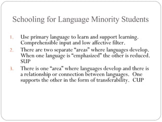 Schooling for Language Minority Students Use primary language to learn and support learning.  Comprehensible input and low affective filter. There are two separate “areas” where languages develop.  When one language is “emphasized” the other is reduced. SUP There is one “area” where languages develop and there is a relationship or connection between languages.  One supports the other in the form of transferability.  CUP 
