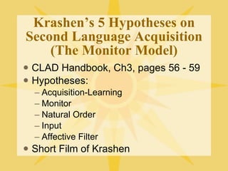 Krashen’s 5 Hypotheses on Second Language Acquisition (The Monitor Model) CLAD Handbook, Ch3, pages 56 - 59 Hypotheses: Acquisition-Learning  Monitor Natural Order Input Affective Filter Short Film of Krashen 