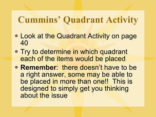 Cummins’ Quadrant Activity Look at the Quadrant Activity on page 40 Try to determine in which quadrant each of the items would be placed Remember :  there doesn’t have to be a right answer, some may be able to be placed in more than one!!  This is designed to simply get you thinking about the issue 