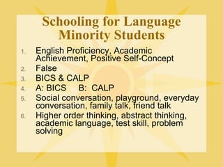 Schooling for Language Minority Students English Proficiency, Academic Achievement, Positive Self-Concept False BICS & CALP A: BICS  B:  CALP Social conversation, playground, everyday conversation, family talk, friend talk Higher order thinking, abstract thinking, academic language, test skill, problem solving 