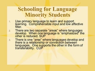 Schooling for Language Minority Students Use primary language to learn and support learning.  Comprehensible input and low affective filter. There are two separate “areas” where languages develop.  When one language is “emphasized” the other is reduced. SUP There is one “area” where languages develop and there is a relationship or connection between languages.  One supports the other in the form of transferability.  CUP 