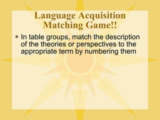 Language Acquisition Matching Game!! In table groups, match the description of the theories or perspectives to the appropriate term by numbering them 