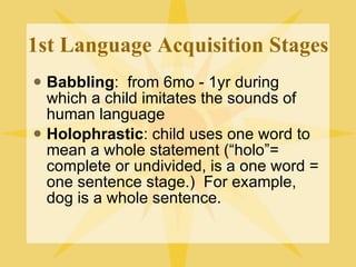 1st Language Acquisition Stages Babbling :  from 6mo - 1yr during which a child imitates the sounds of human language Holophrastic : child uses one word to mean a whole statement (“holo”= complete or undivided, is a one word = one sentence stage.)  For example, dog is a whole sentence. 