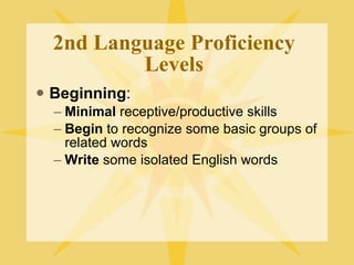 2nd Language Proficiency Levels Beginning : Minimal  receptive/productive skills Begin  to recognize some basic groups of related words Write  some isolated English words 