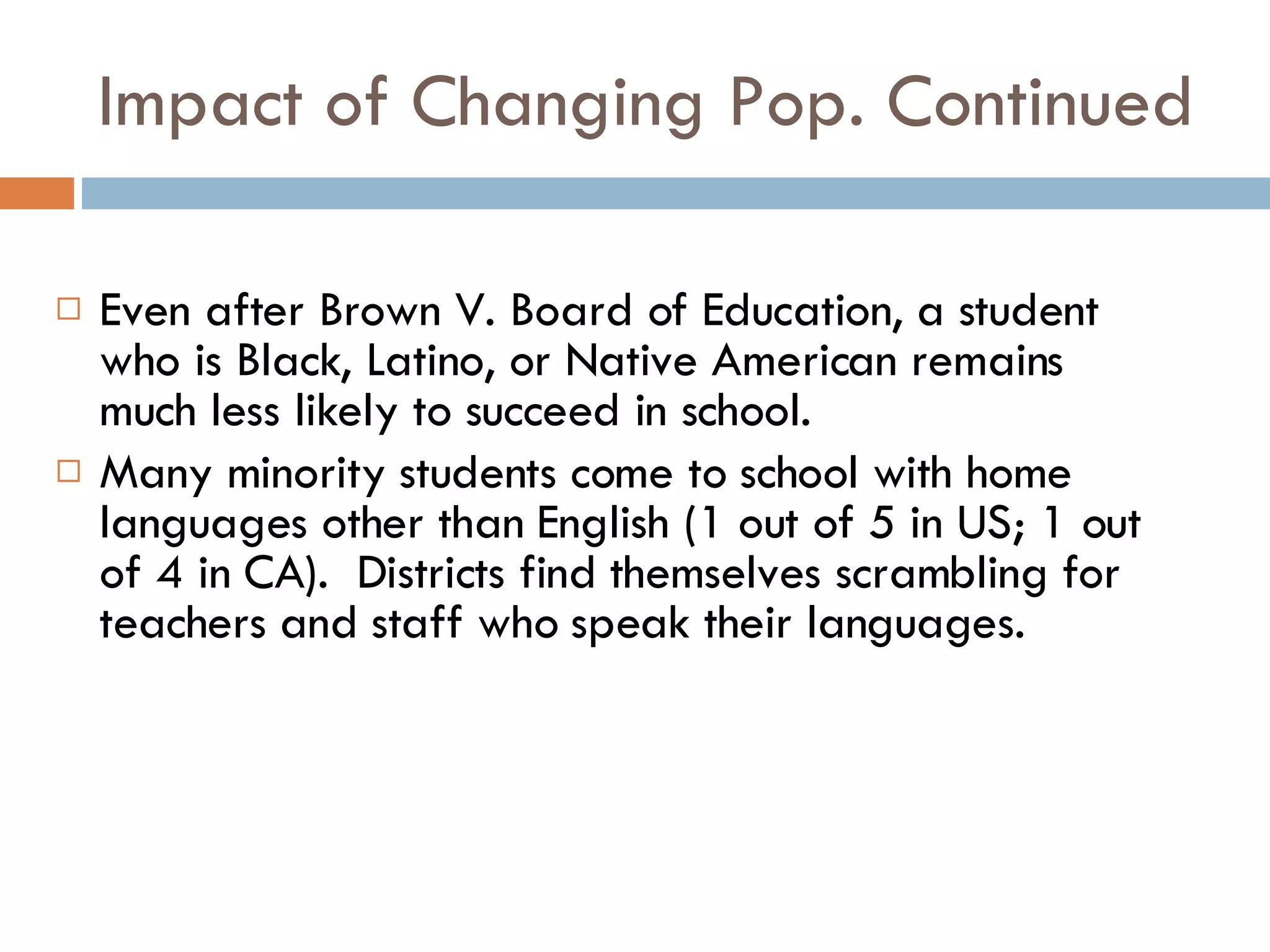 Impact of Changing Pop. Continued Even after Brown V. Board of Education, a student who is Black, Latino, or Native American remains much less likely to succeed in school. Many minority students come to school with home languages other than English (1 out of 5 in US; 1 out of 4 in CA).  Districts find themselves scrambling for teachers and staff who speak their languages. 