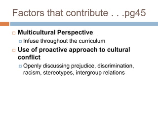 Factors that contribute . . .pg45Multicultural PerspectiveInfuse throughout the curriculumUse of proactive approach to cultural conflictOpenly discussing prejudice, discrimination, racism, stereotypes, intergroup relations