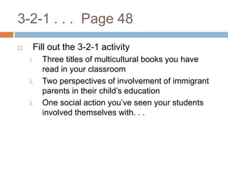 3-2-1 . . .  Page 48Fill out the 3-2-1 activityThree titles of multicultural books you have read in your classroomTwo perspectives of involvement of immigrant parents in their child’s educationOne social action you’ve seen your students involved themselves with. . .